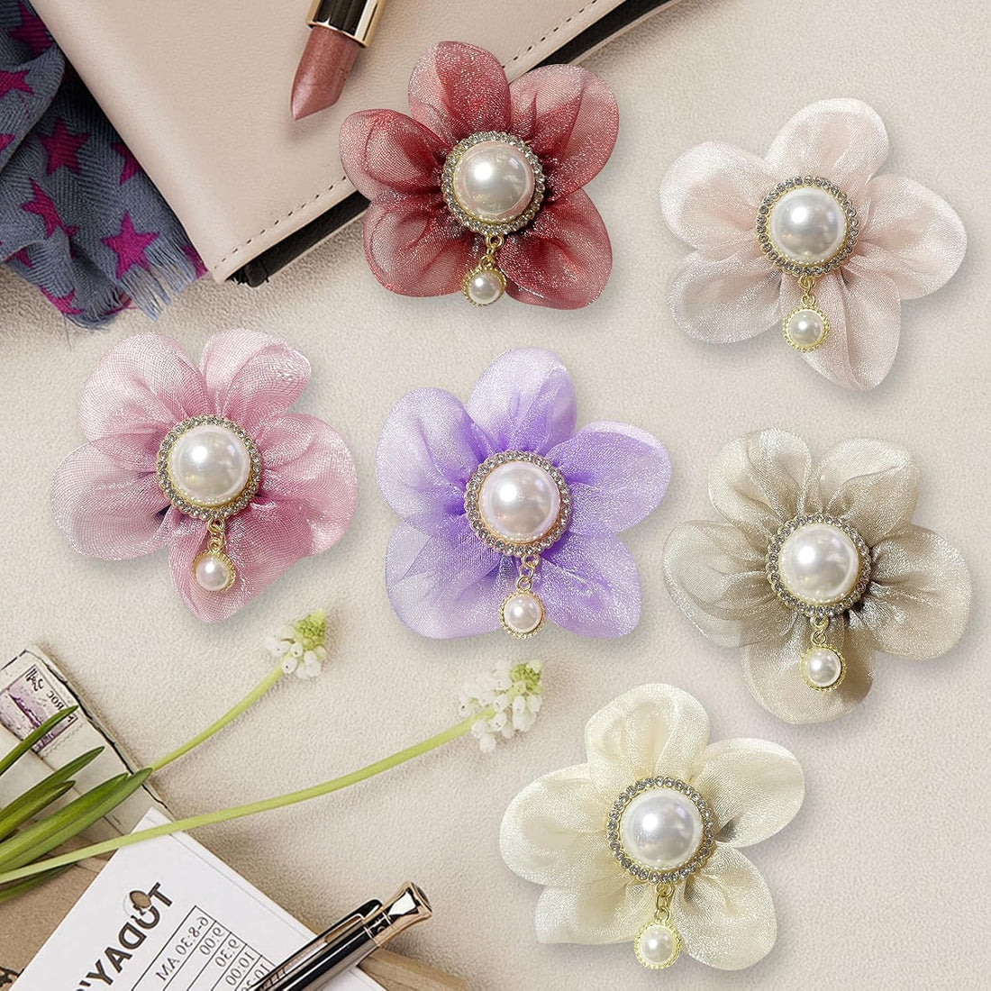 6 Pcs Dog Collar Accessories Slide-On Pearl Flower Charms