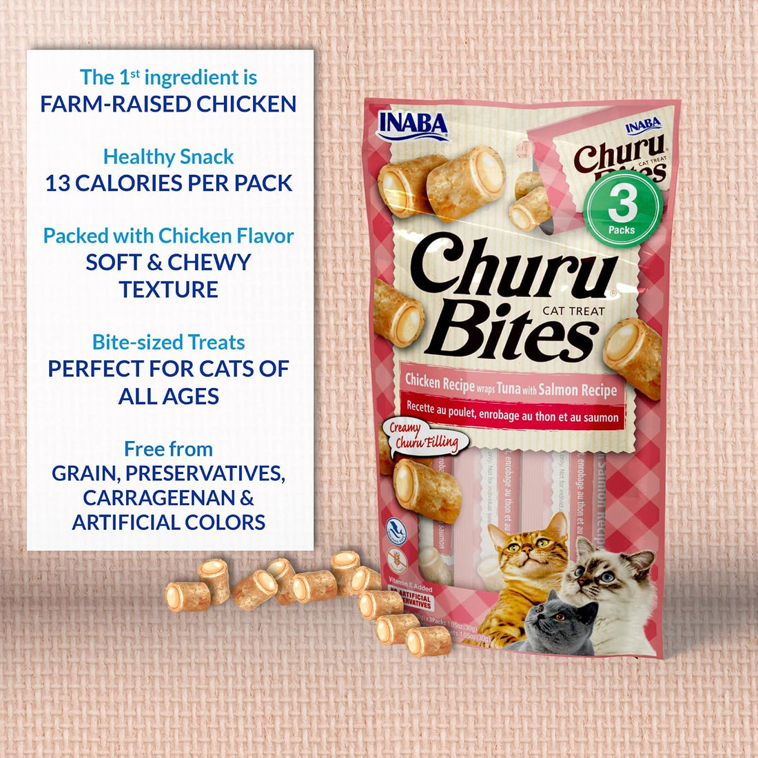 INABA Churu Bites Soft & Chewy Cat Treats, Tuna Salmon, 18ct