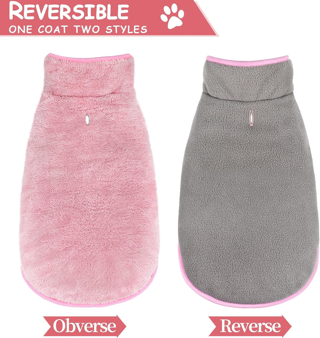 Malier Dog Winter Coat, Reversible Fleece, Small, Pink - Windproof