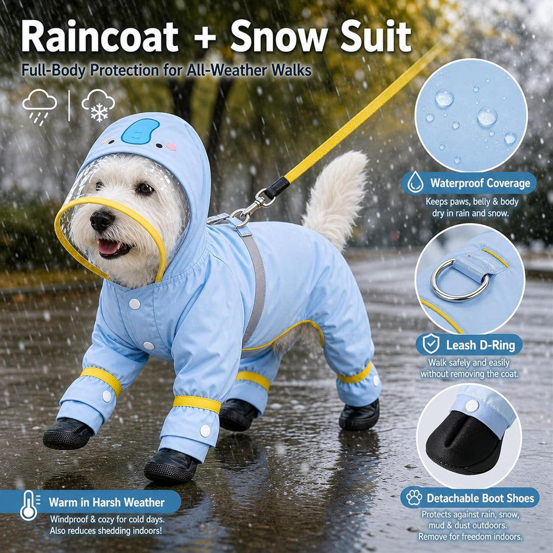Dog Raincoat with Removable Boots, Clear Hood, Blue, XS (1-3 lb)