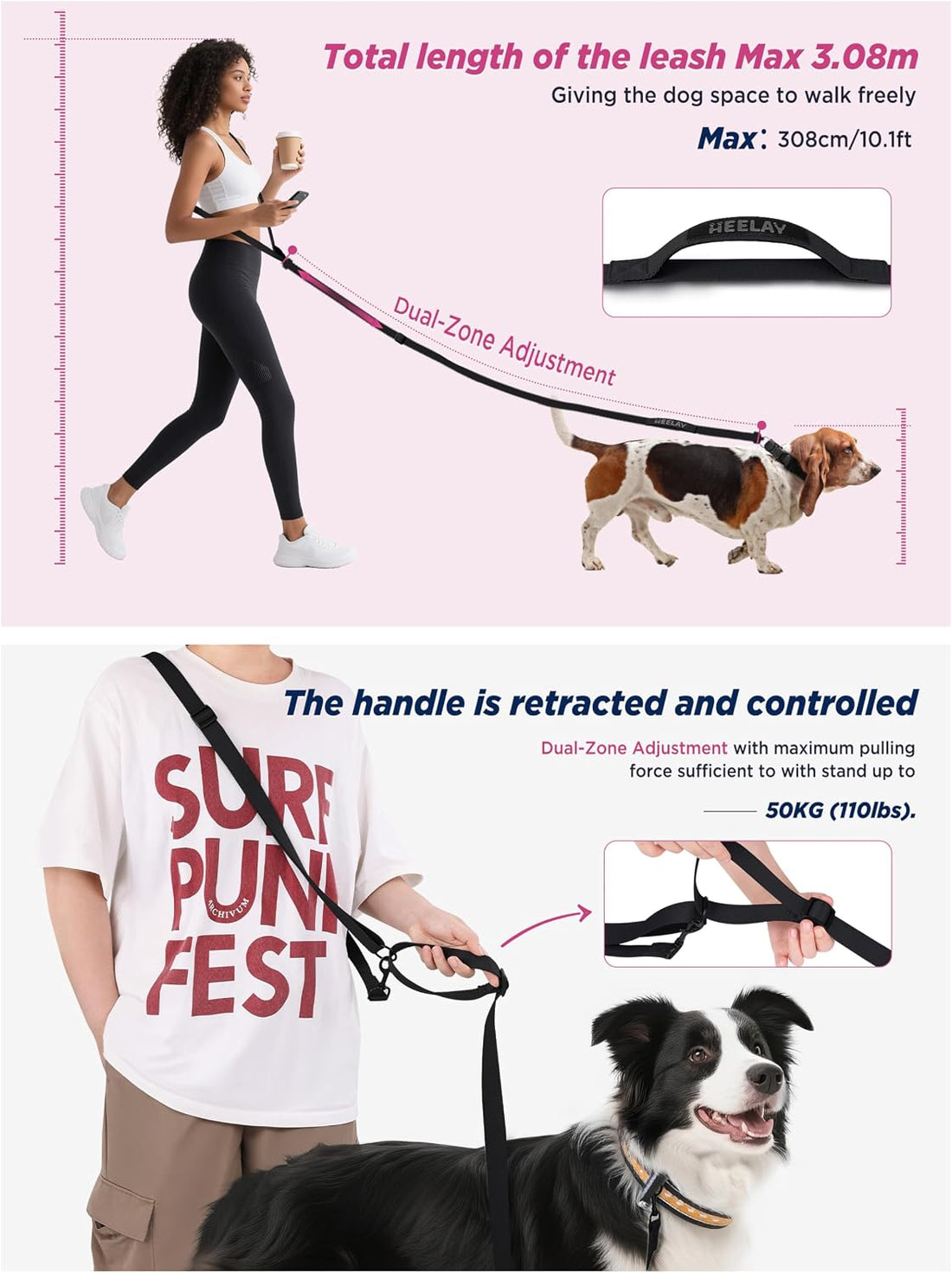 Hands Free Dog Leash, 5.9-10.1ft Crossbody Dog Leash & Waist-Wear