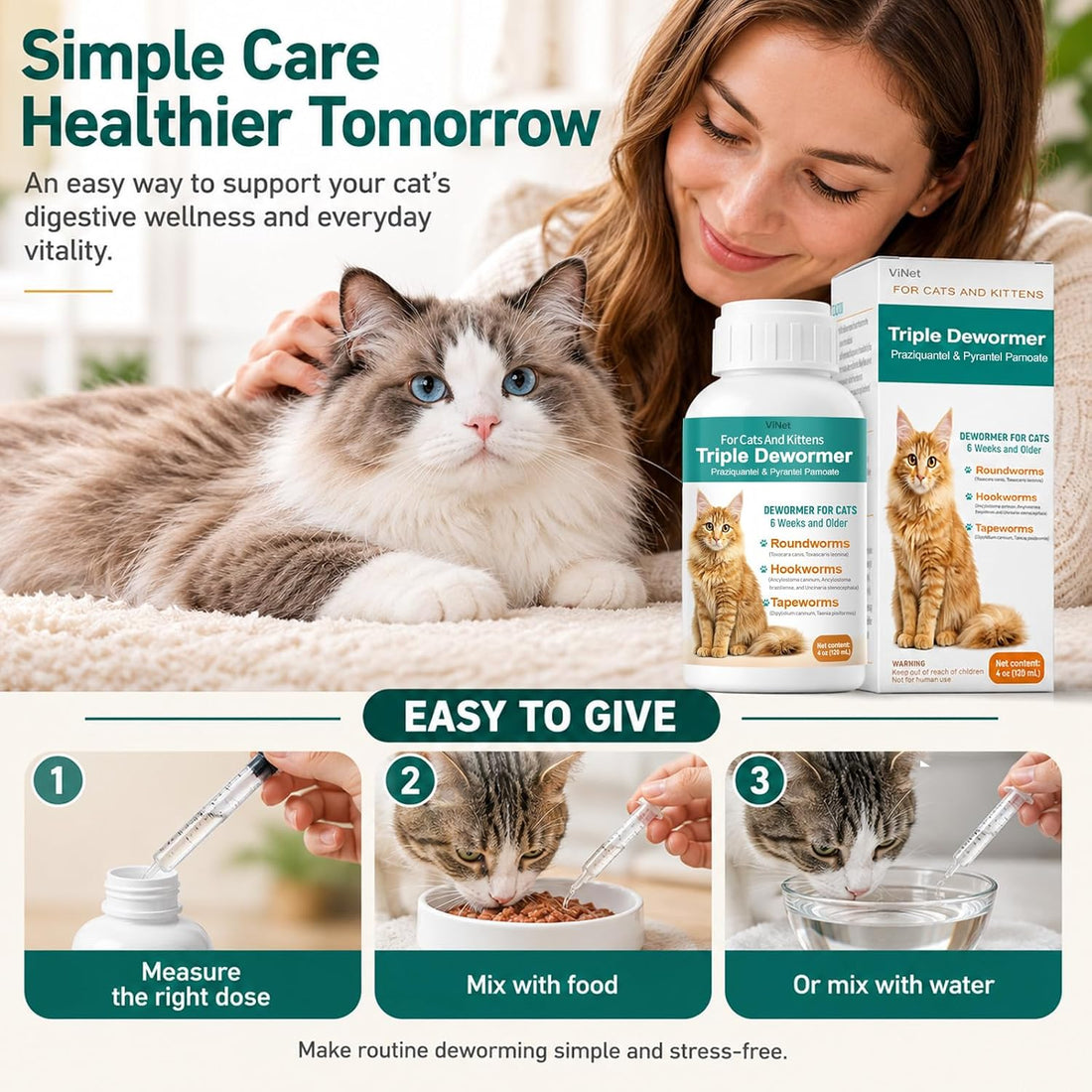 Cat Dewormer Broad Spectrum Triple Dewormer for Cats for Tapeworms