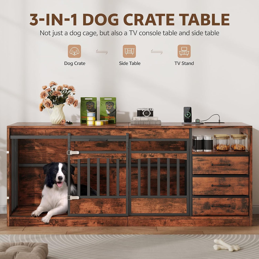 68.9" Double Dog Crate Furniture, Dog Crate for 2 Dogs Brown