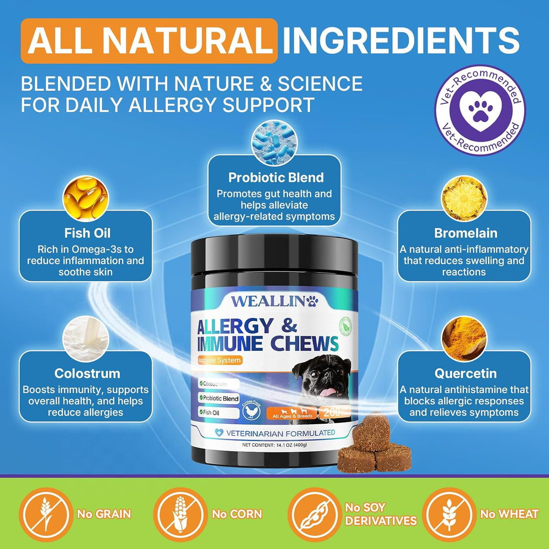 WEALLIN Dog Allergy Chews with Probiotics, Skin & Immune Support
