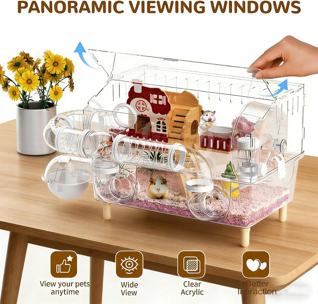 8 in 1 Acrylic Hamster Cage,2 Tier Dwarf Hamster Cage with 360°