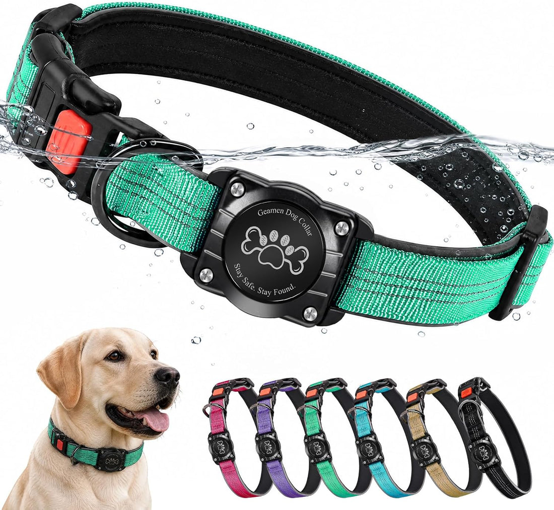 Dog Collar with AirTag Holder IP68 Waterproof Reflective Collar Blue M