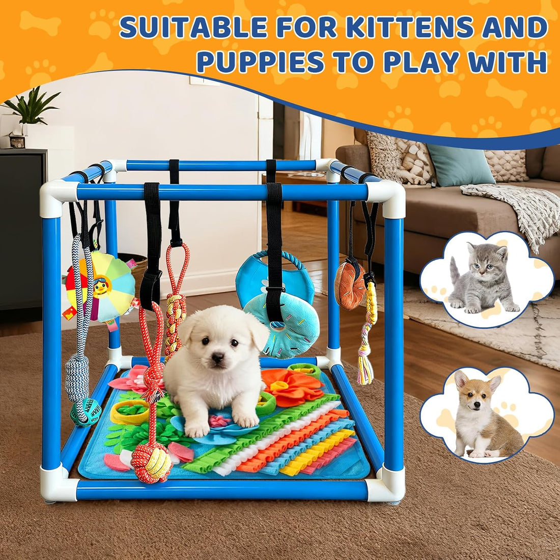 Puppy Play Gym & 8 Toys (Blue,19.6″ x 19.6″ x 19.6″‌) with Snuffle Mat