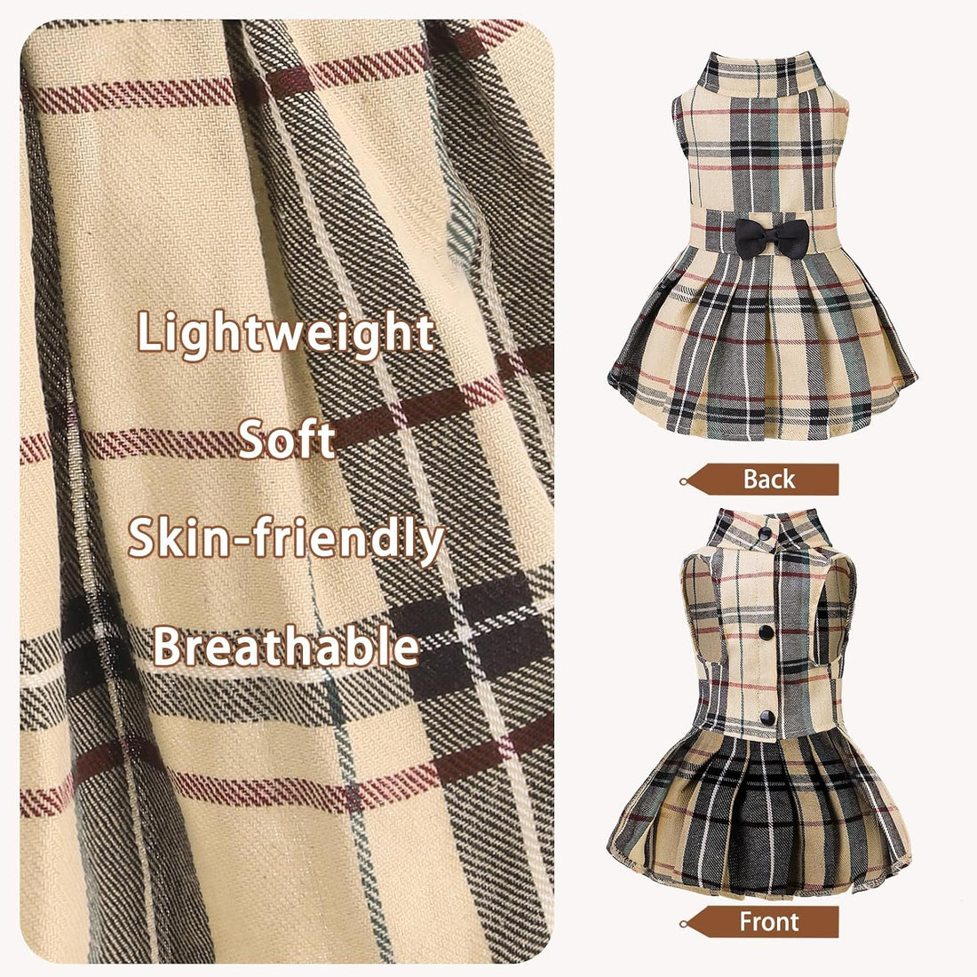 PUPTECK Classic Beige Plaid Dog Dress with Bow Puppy Skirt Clothes M