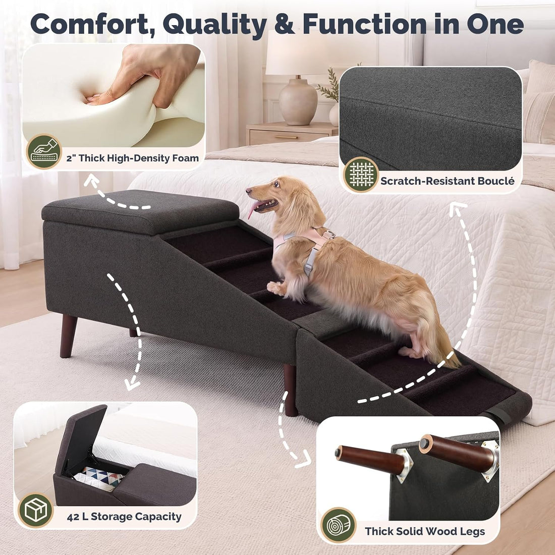 XXL Dog Stairs for Large Dogs, 2-in-1 Foldable Dog Ramp & Bed Bench