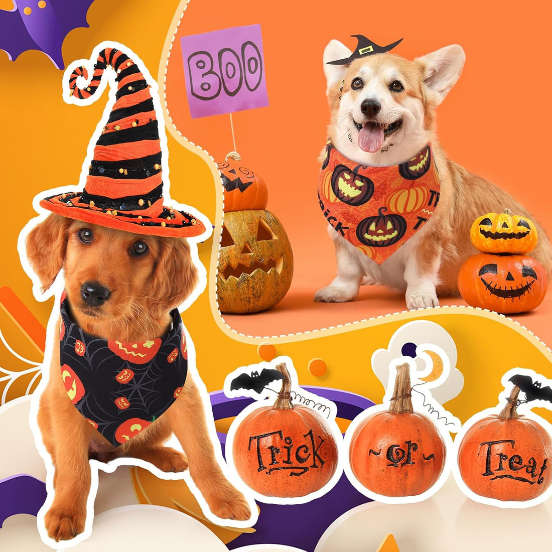 Abbylike 50 Pcs Halloween Dog Bandanas Bulk, Pumpkin Ghost Bat Skull