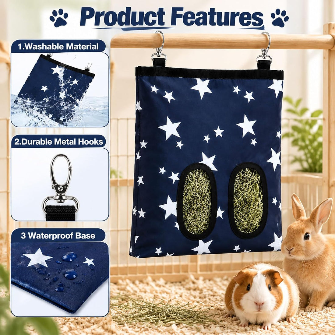 RUGLAMZHIP 2-Hole Hanging Hay Feeder Bag for Rabbits