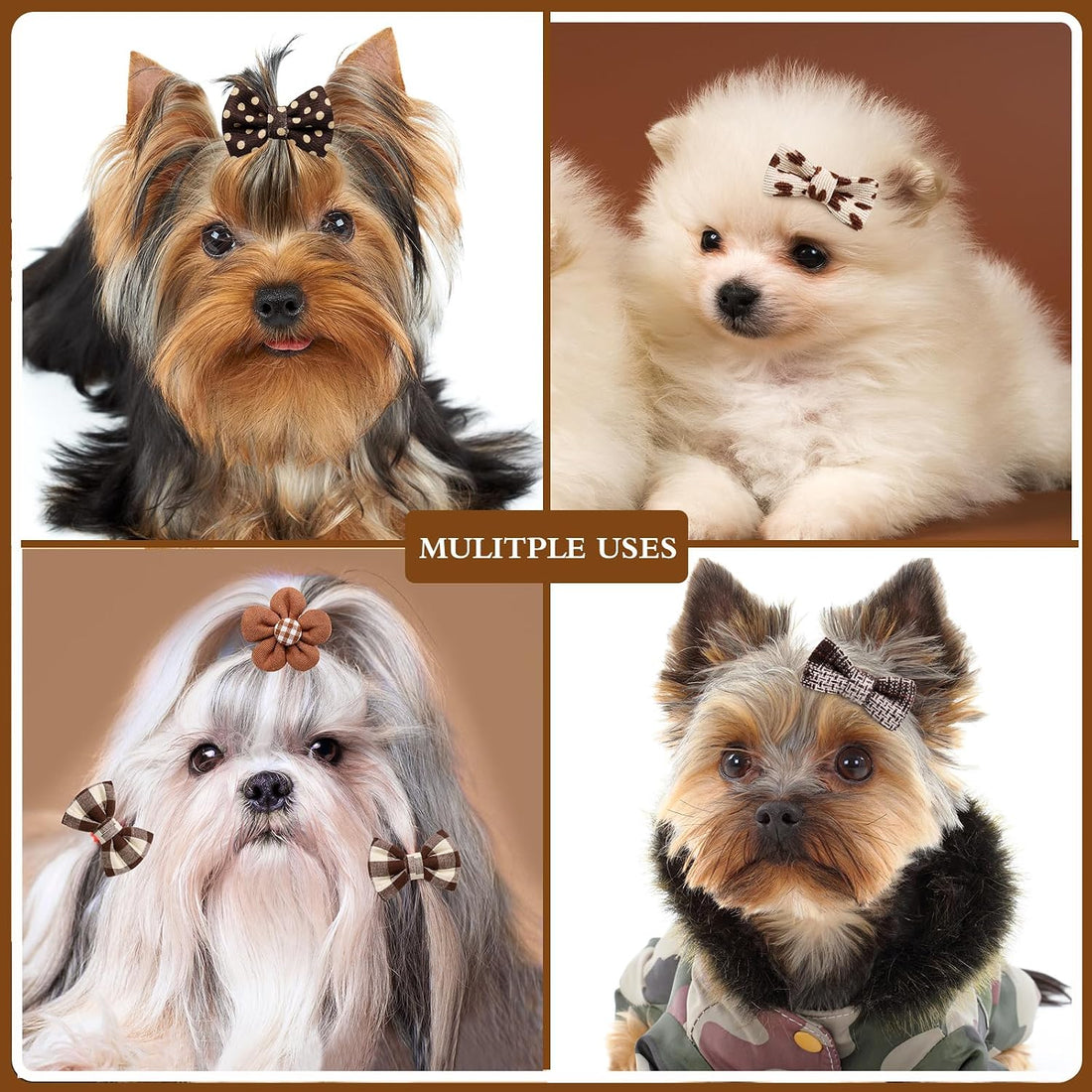 20Pcs Brown Dog Hair Bows with Rubber Bands for Small Medium Dogs