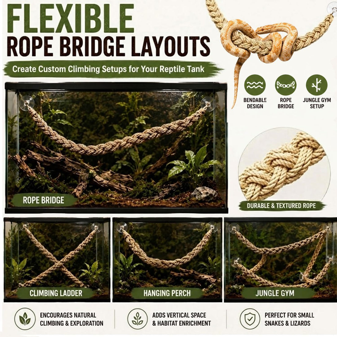 Ball Python Tank Accessories Snake Climbing Rope with Suction Cups