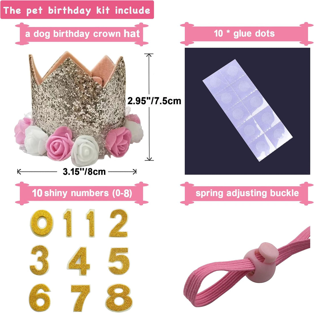 Dog Birthday Hat, Adjustable Gold Crown Hat with Numbers