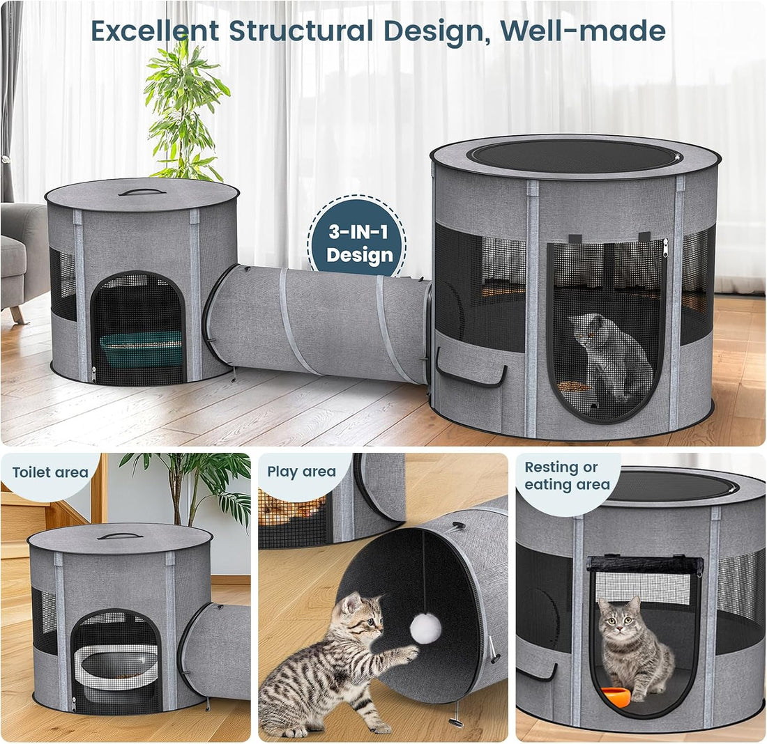 Portable Cat Playpen with Tunnel, 3 in 1 Foldable Puppy Play Pen