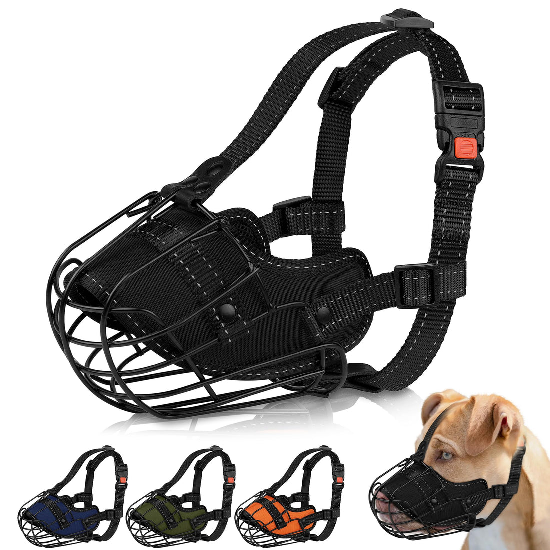 OOPSDOGGY Pitbull Dog Muzzle Reflective Metal Mask Secure Wire Basket