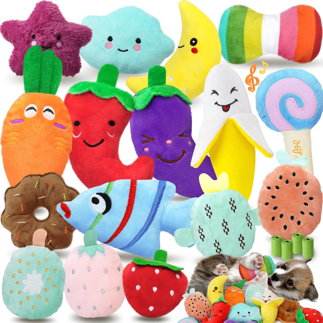 QTwoof Cheerful 20-Pack Squeaky Dog Toys Set - Included 4 Dog Bags