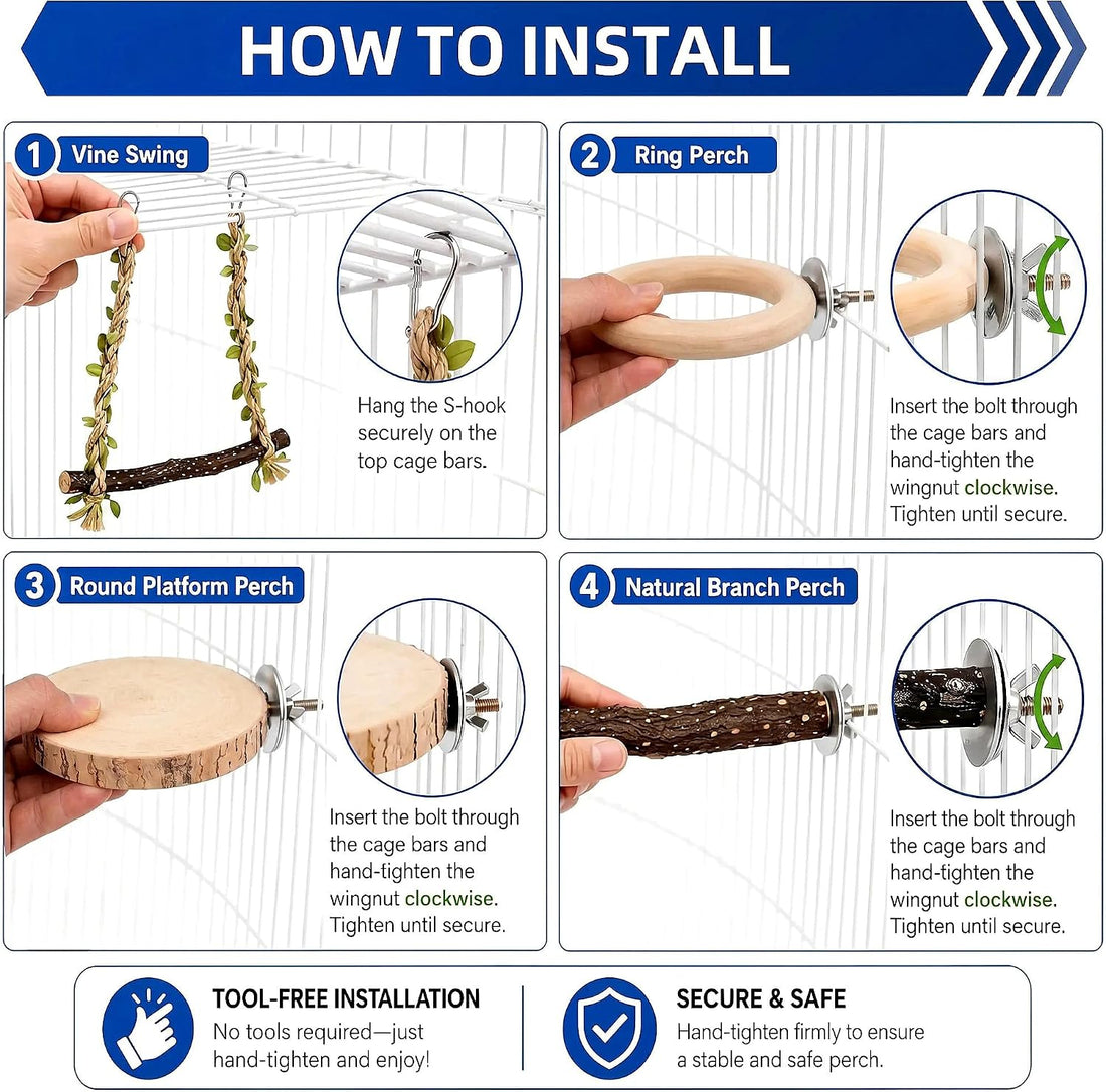 4-in-1 Bird Perches for Cage, Natural Wood Stands for Small Parrots