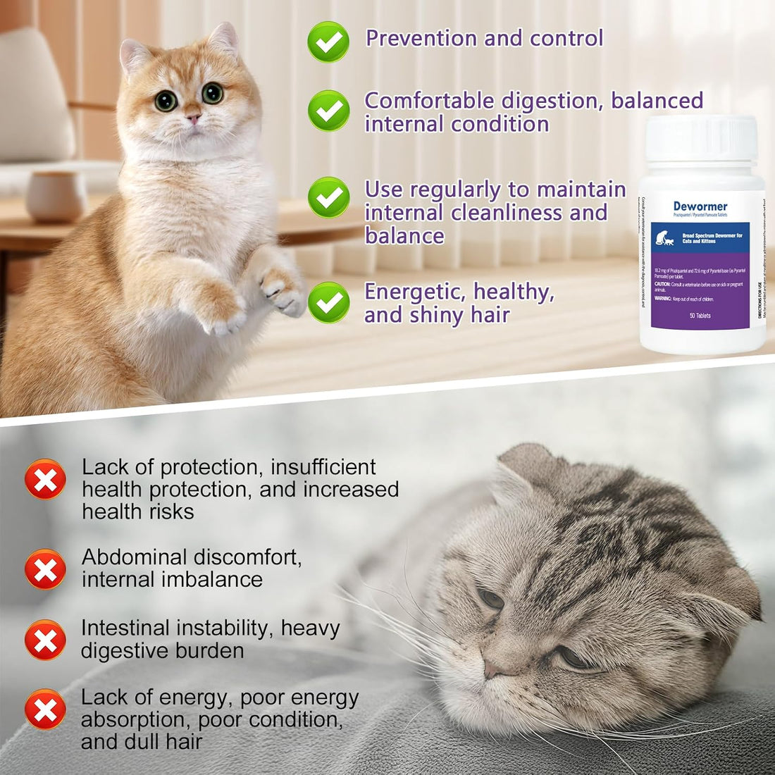 Cats & Kittens Broad-Spectrum Dewormer, 50 Tablets, for Tapeworms