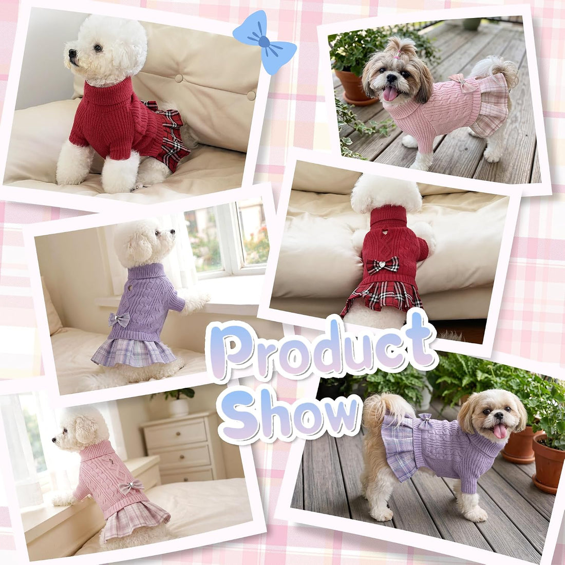 YUDODO Small Dog Sweater Dress with Bowtie Turtleneck Knitted Pet