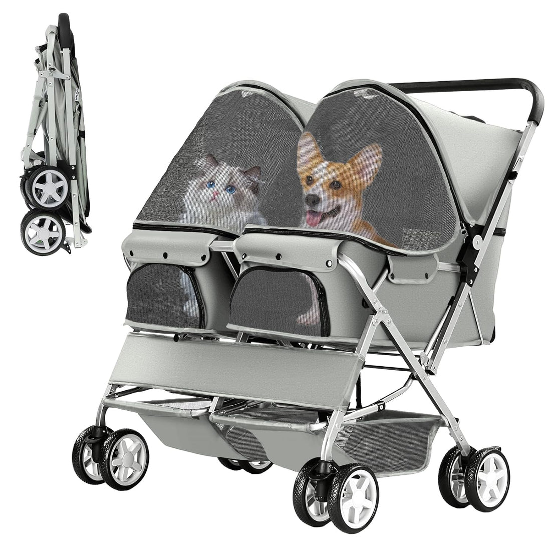 Double Pet Stroller for 2 Dogs & Cats, Side-by-Side
