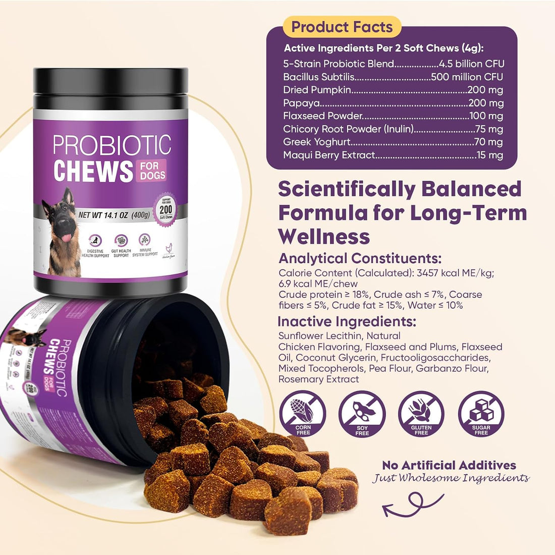TTLXRL Probiotics for Dogs 200pcs Dog Probiotics for Digestive Health