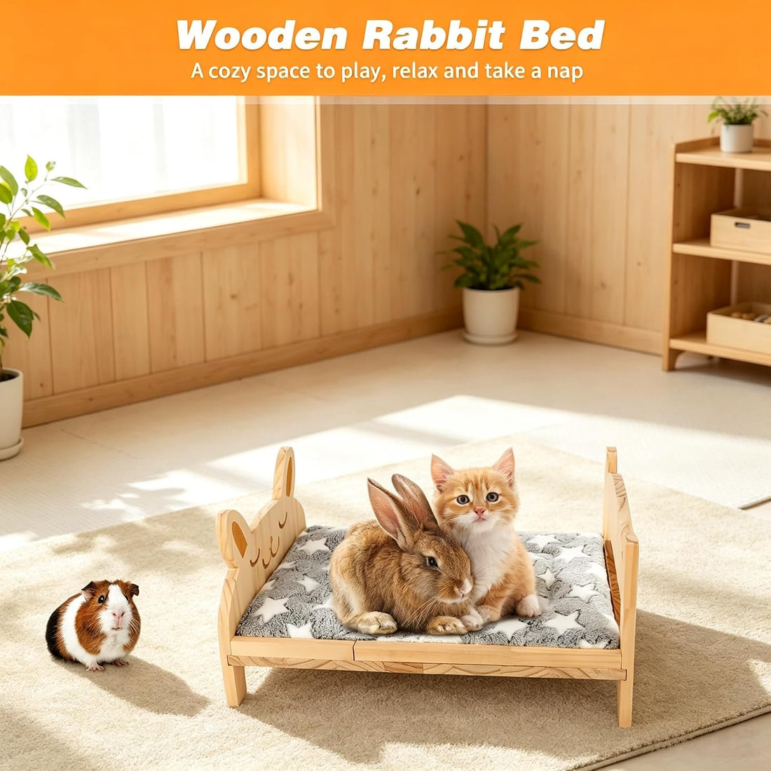 Large Wooden Rabbit Bed, 2-in-1 Bunny Bed with Gray Star Mat