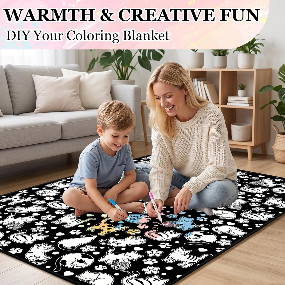 Cat Coloring Blanket for Women Men, DIY Blanket with Markers