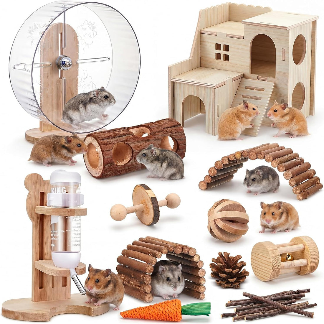 18 Pcs Hamster Cage Accessories Silent Hamster Wheel 15 Toys Set