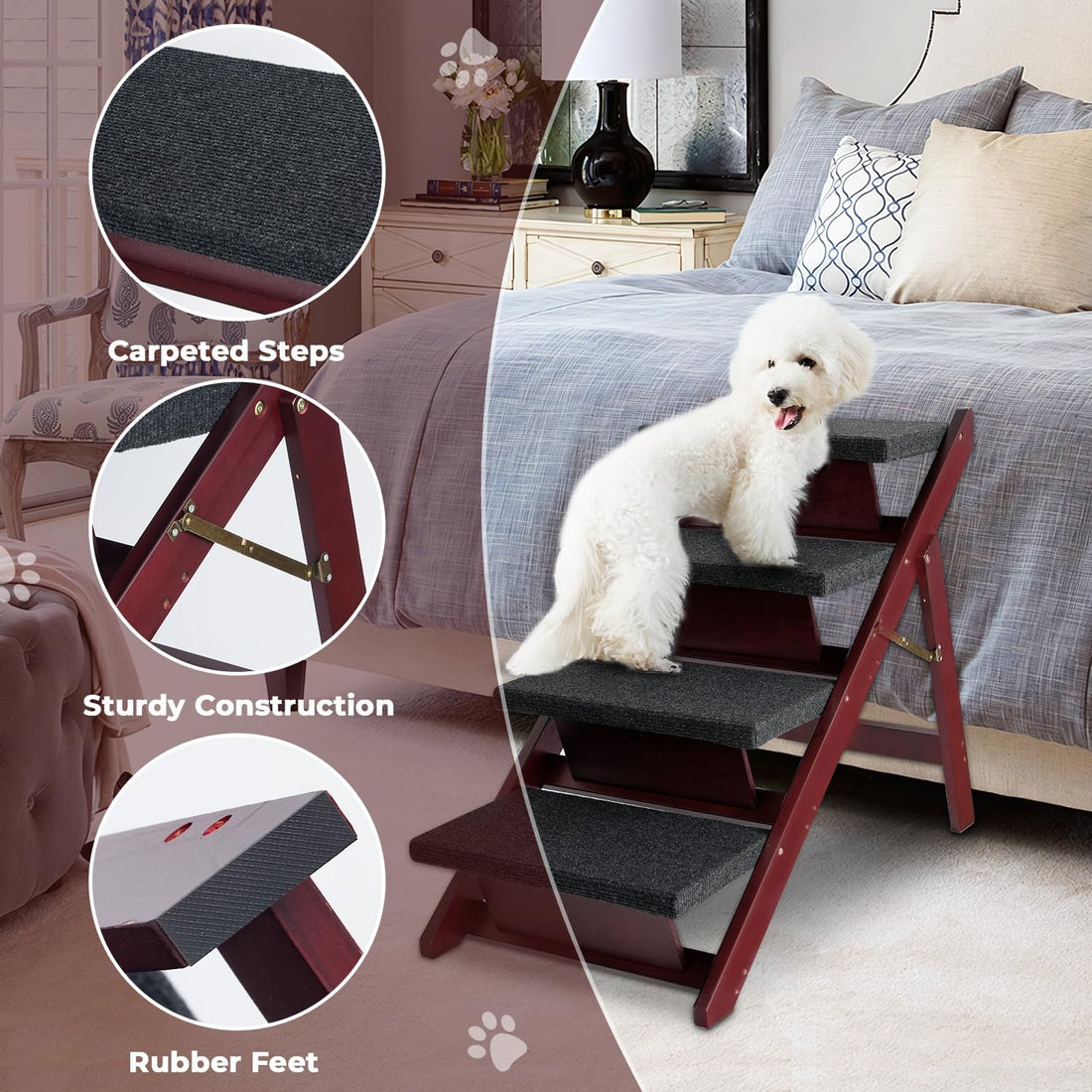 BRIKY Wooden Dog Stairs/Steps, Foldable 4 Steps