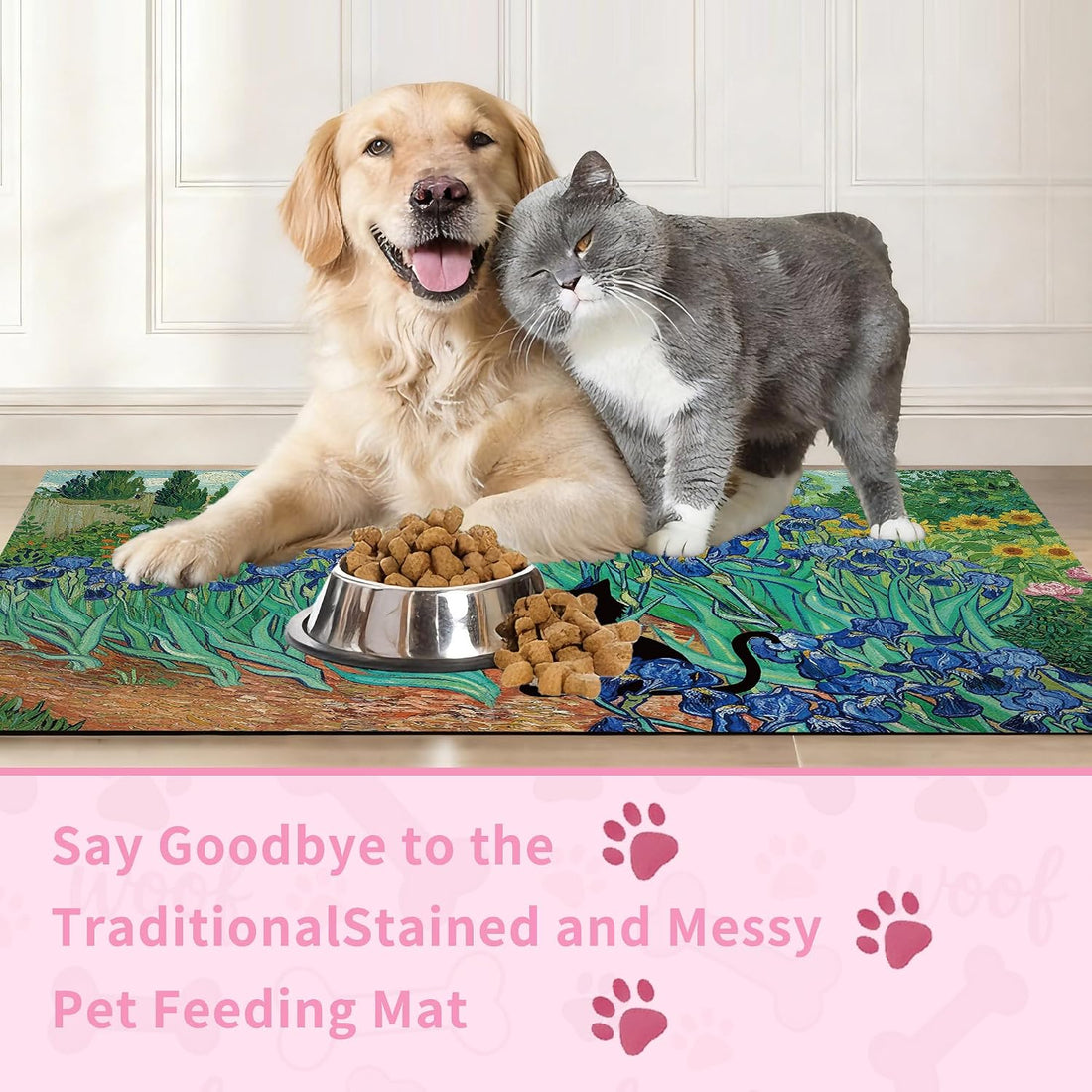 Black Cat Pet Feeding Mat, 12 x 20 Inch