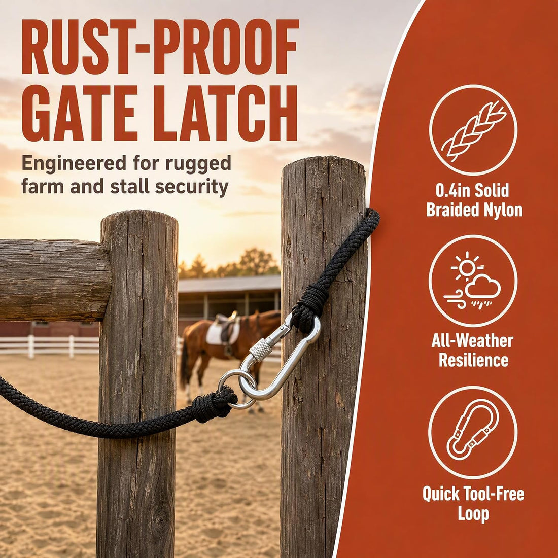 Heavy Duty Gate Latch Strap, 0.4in Nylon Rope for Fence, Barn
