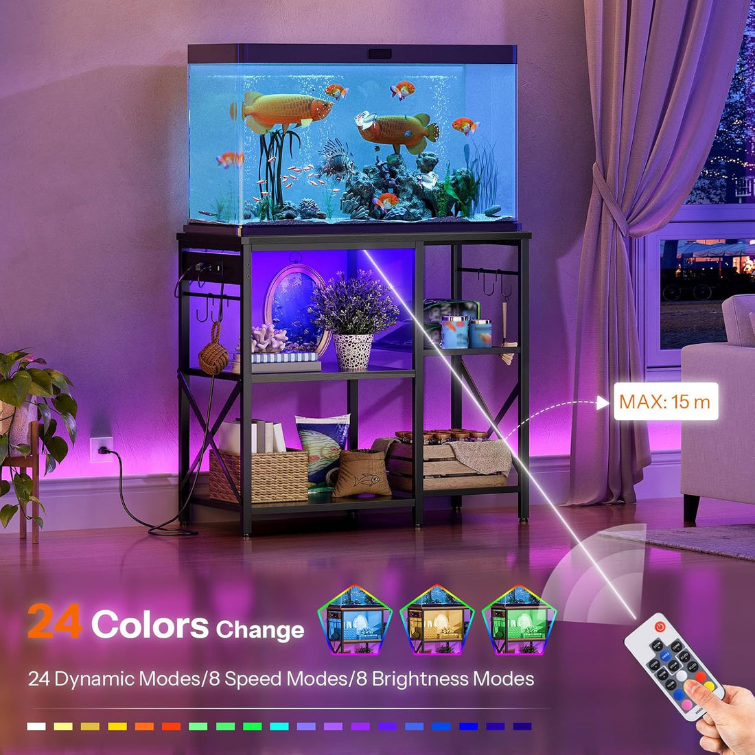 HOOBRO Fish Tank Stand with Power Outlet and LED Light, Aquarium Stand