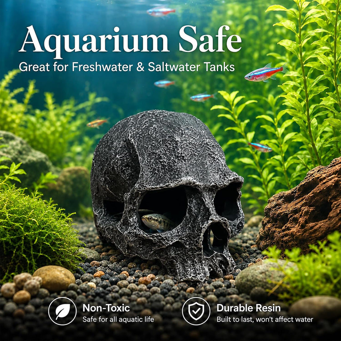 Skull Fish Tank Decor, Gothic Aquarium Hide - Resin Reptile Cave