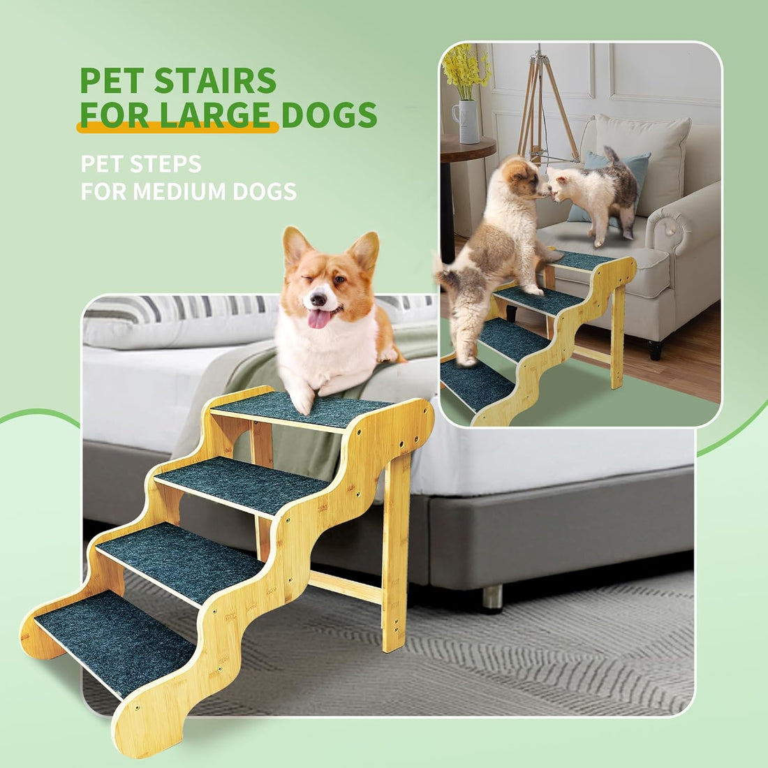 Dog Steps for Bed,Dog Stairs for Large & Oldder Dogs,Bamboo Pet