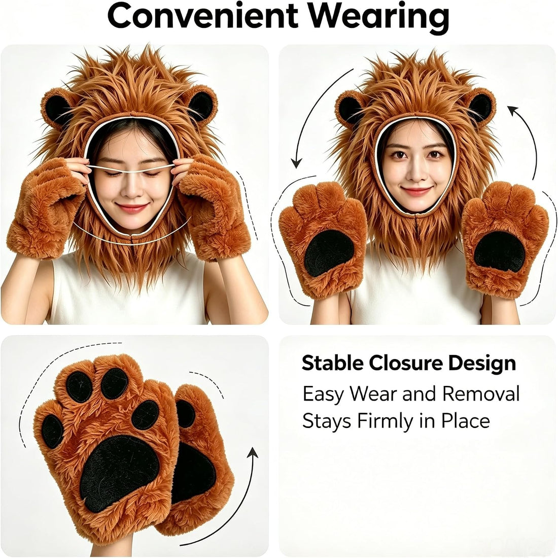 Lion Costume Accessory Set, Plush Lion Mane Hood with Paw Gloves