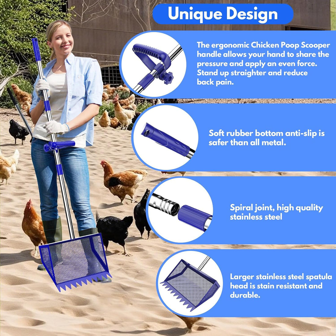 Chicken Poop Scooper Rake 2-in-1,304 Stainless Steel Shovel Head