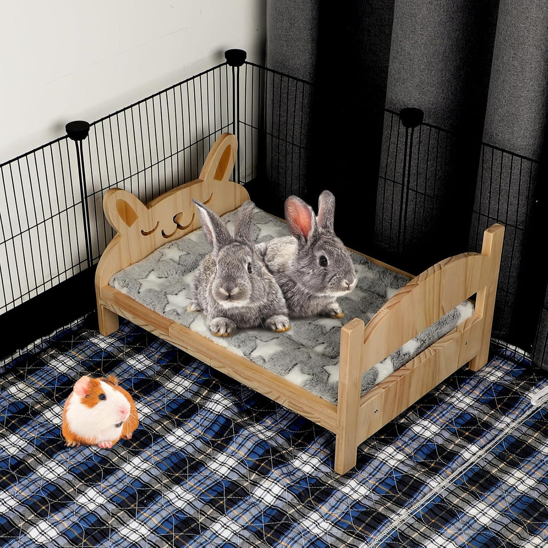 Large Wooden Rabbit Bed, 2-in-1 Bunny Bed with Gray Star Mat