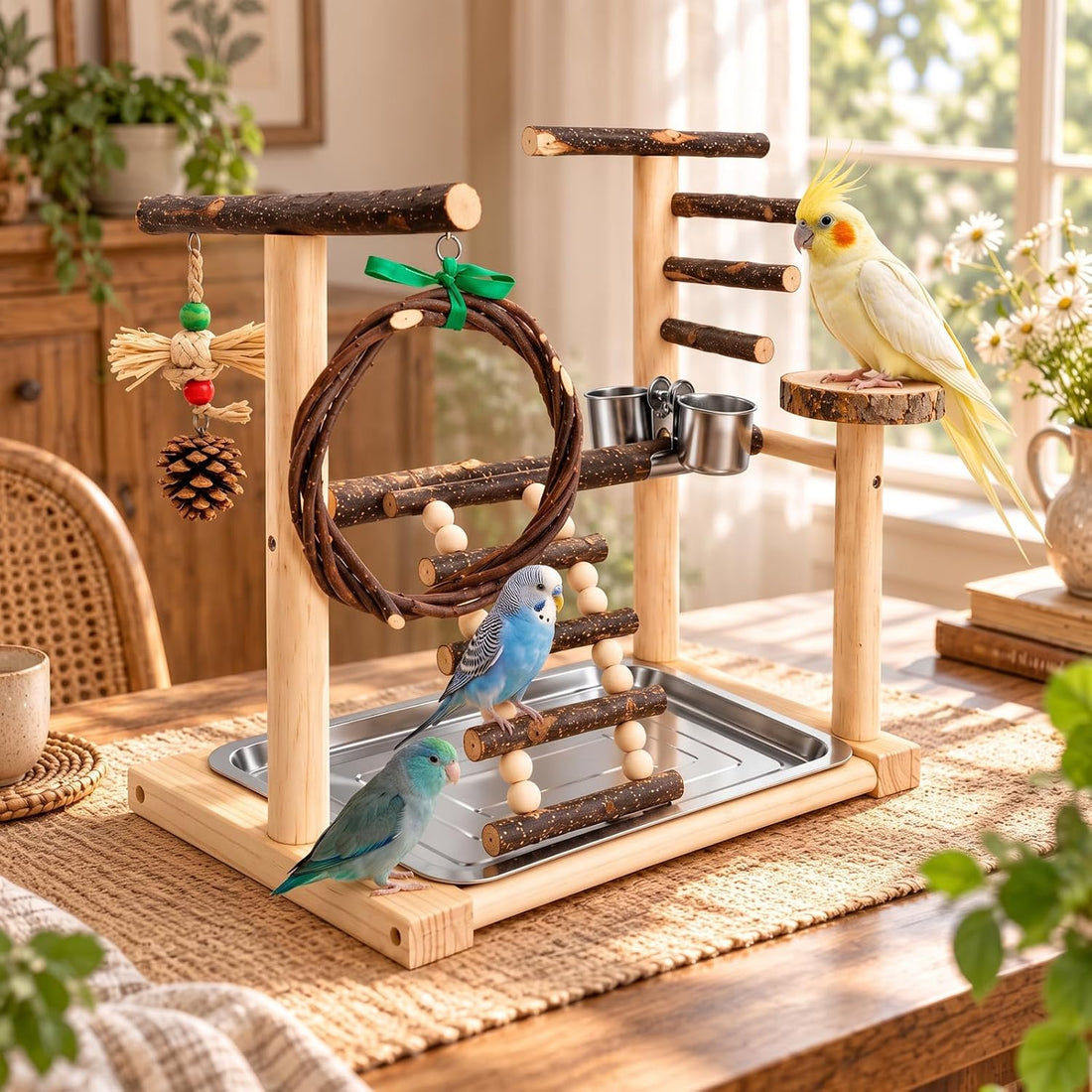 SCETTAR Bird Playground, Natural Wood Parrot Stand with Feeding Cups