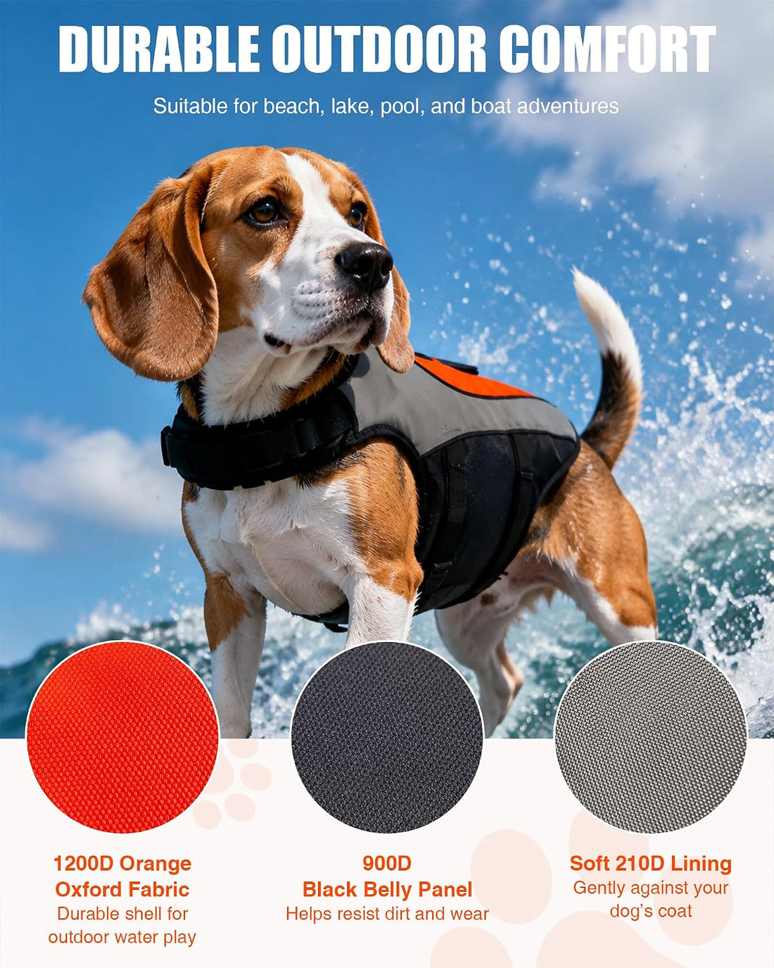 Dog Life Jacket for Swimming & Boating, Orange Black, M