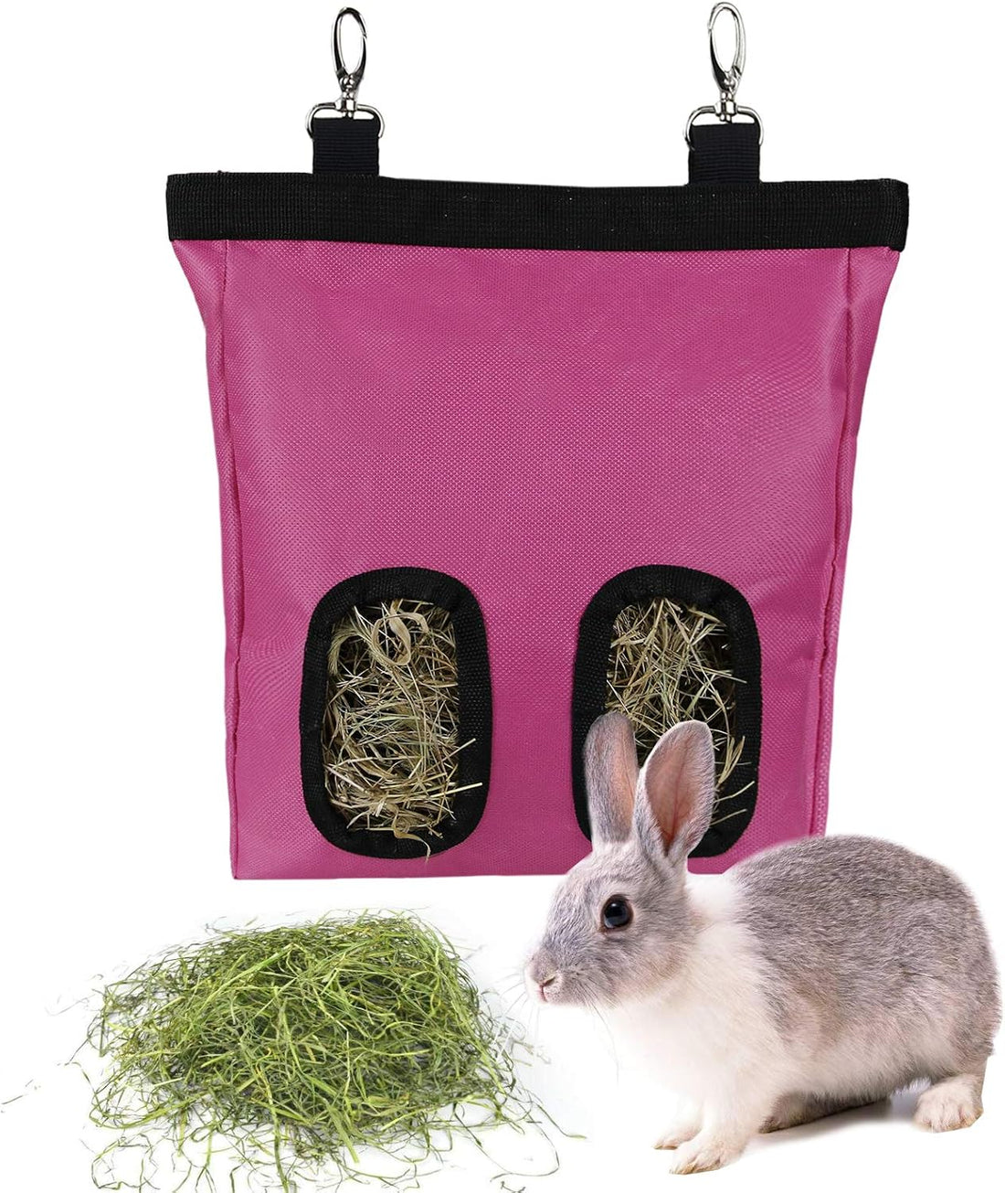 Rabbit Hay Feeder Bag Hanging Hay Rack (Black, 2 Windows)
