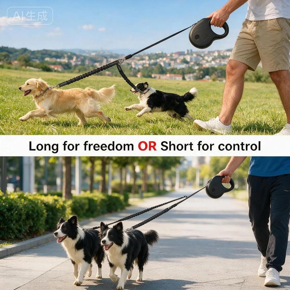 20 FT Dual Retractable Dog Leash(Up to 110 LBs Each)+Poop Bags&Holder