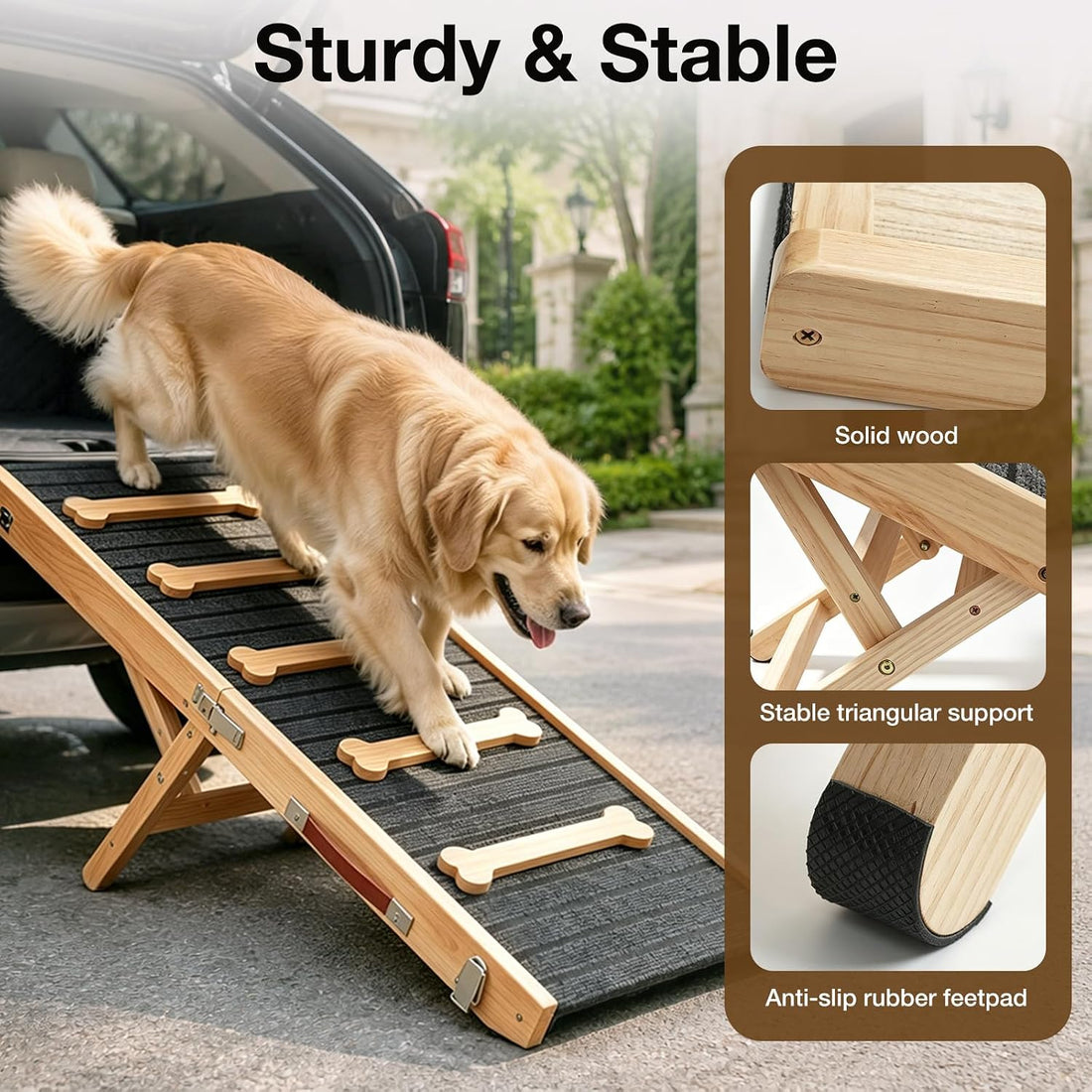 Dog Ramp for Bed & Couch, Height Adjust Foldable Wooden Pet Ramp