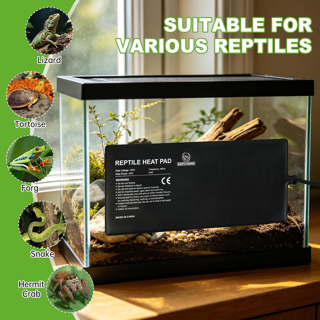 Reptile Heat Pad 8" X 18" 24W, Under Tank Heat Mat for Reptiles