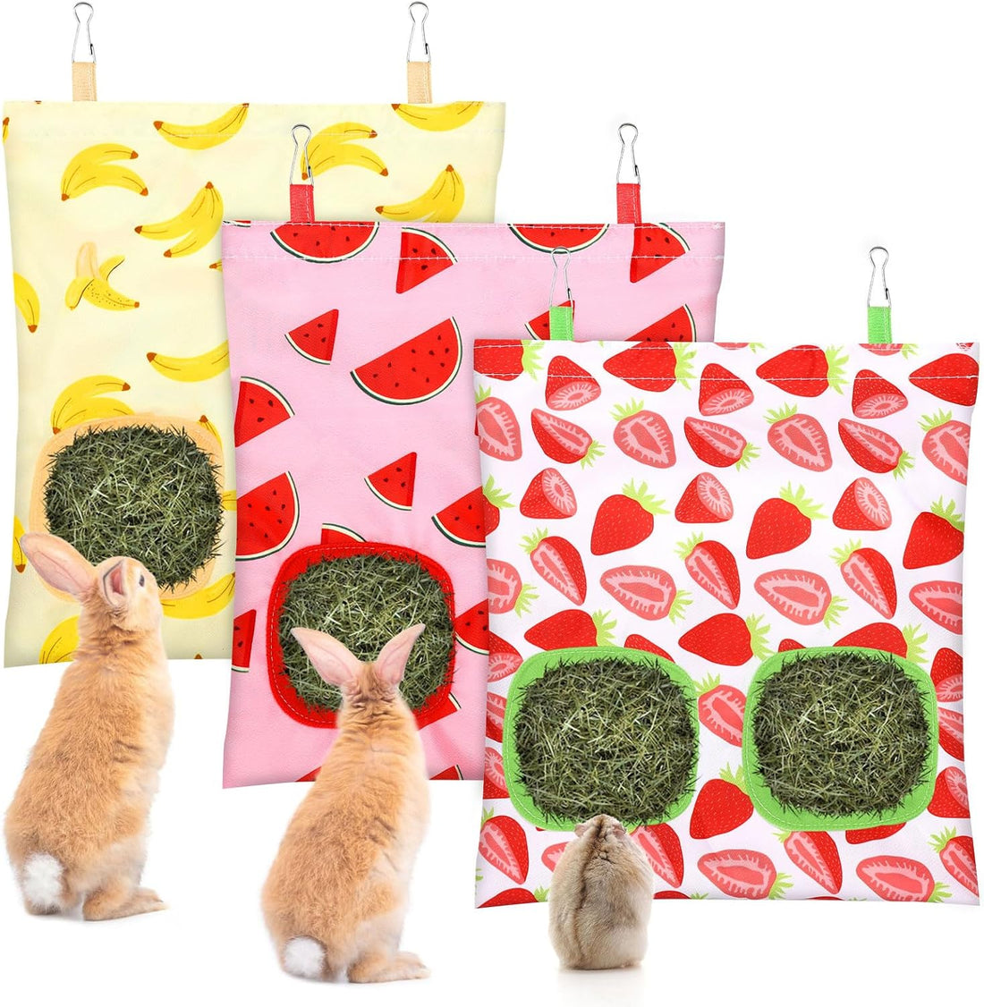 UPINS 3Pack Guinea Pig Hay Feeder Bag,Bunny Rabbit Cage Bag Hanging