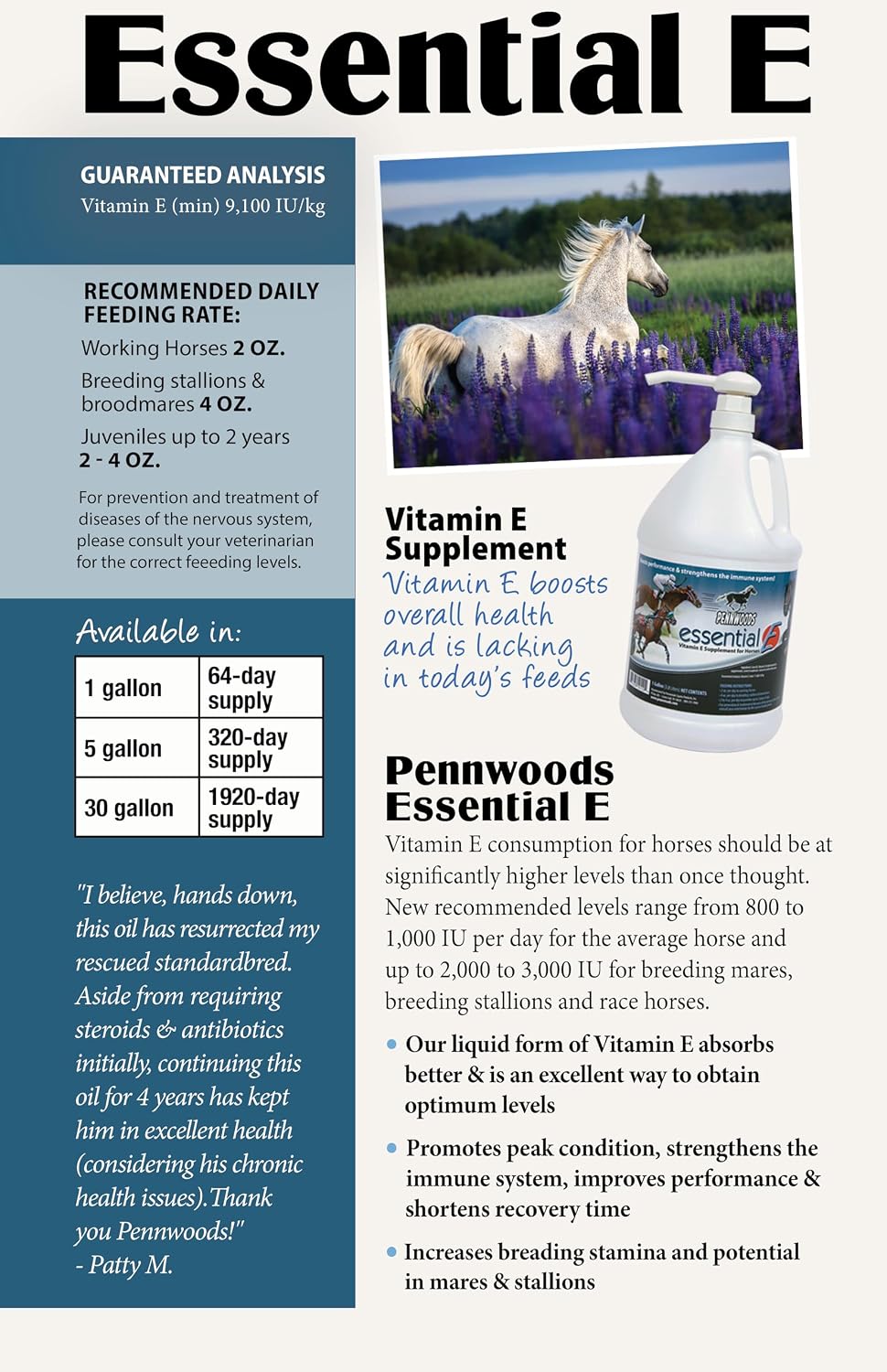 Pennwoods Essential E: Equine Vitamin E Horse Supplement, 1 Gallon