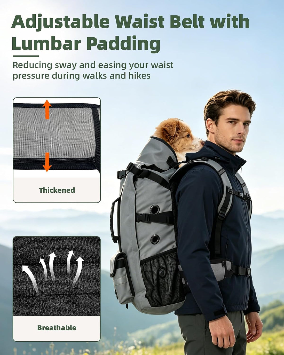 Breathable Dog Hiking Backpack Carrier for Large Dogs, Grey