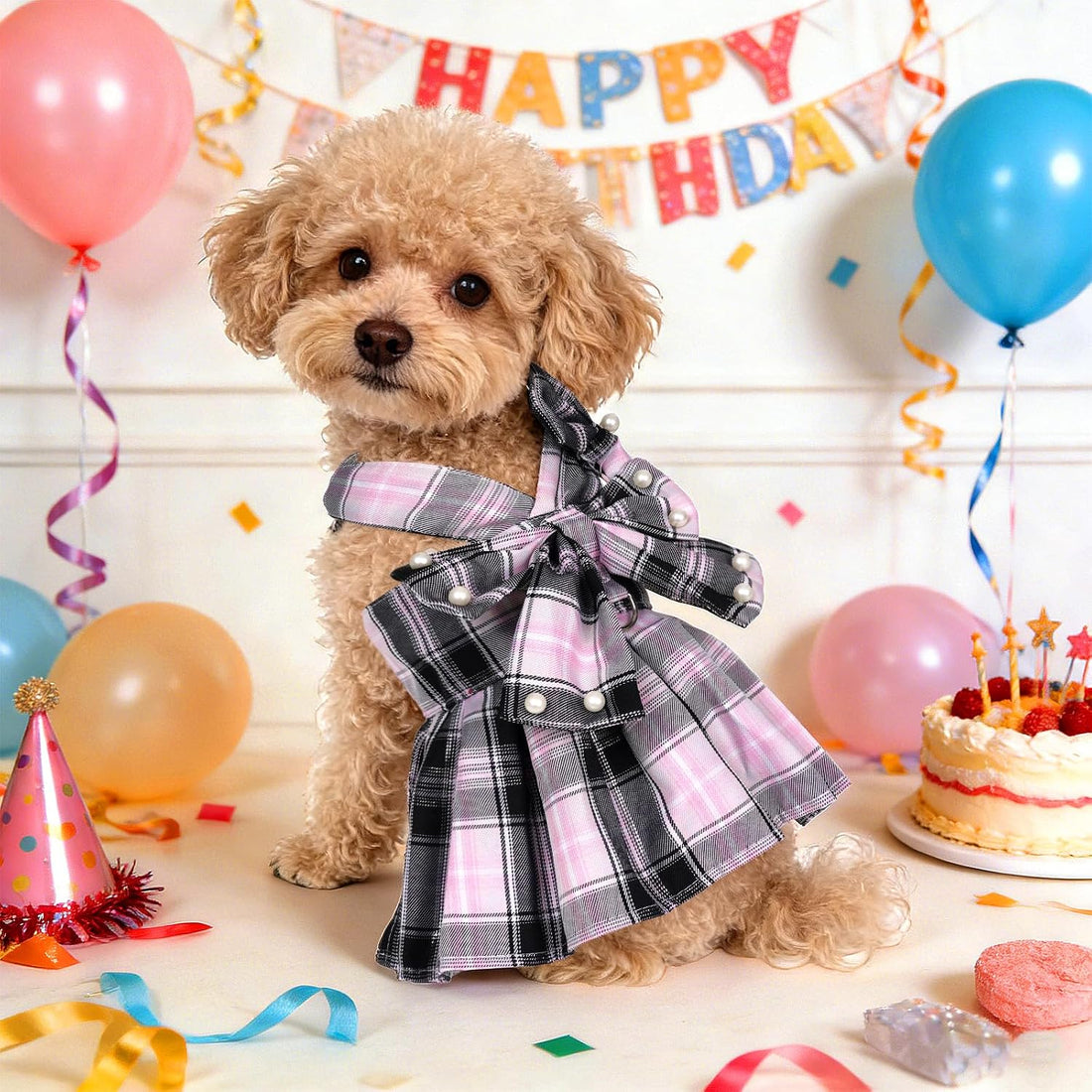 Dog Plaid Dress Harness and Leash Set with Pearls Bow Adjustable