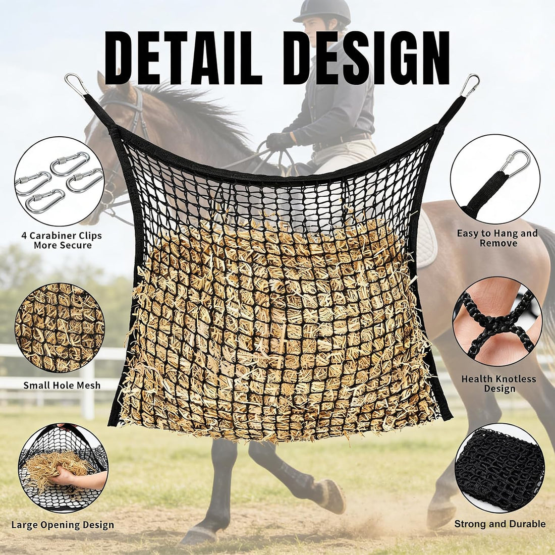 2PCS Slow Feed Hay Net for Horses, 1.5" Openings, Black, 35"x47"