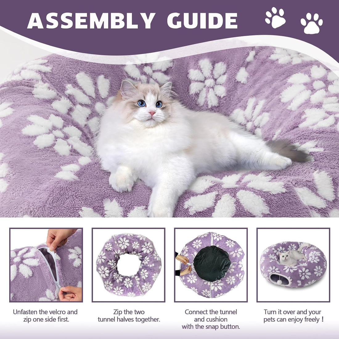Cute Round Cat Tunnel for Indoor Cats, Purple